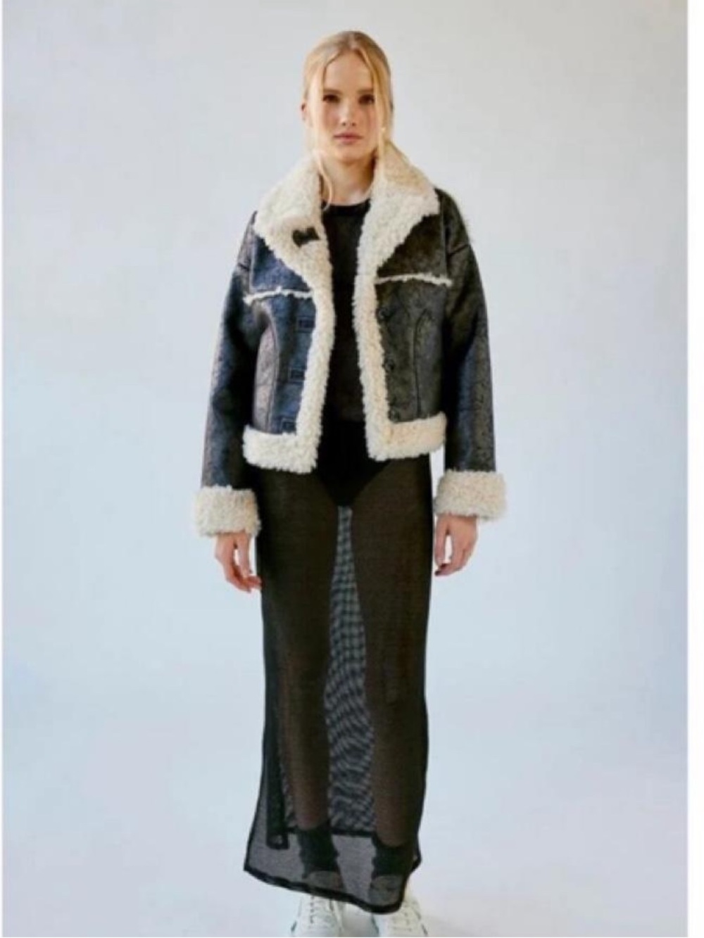 Urban Outfitters Black Faux-Leather Teddy Jacket with Cream Shearling Trim